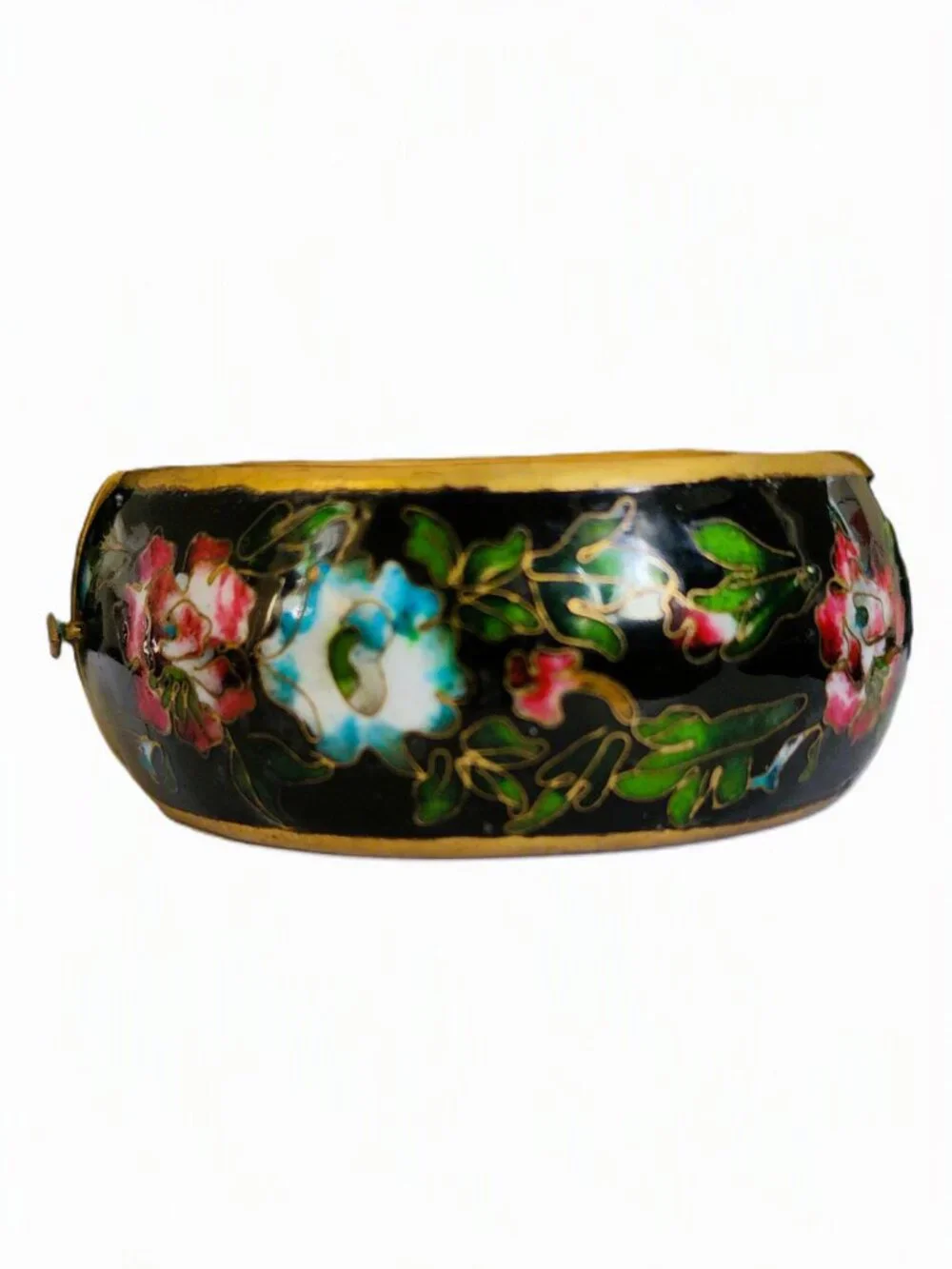 Vtg 60s Chunky Cloisonne Hinged Bangle Bracelet Heavy Brass Black Enamel 1.25